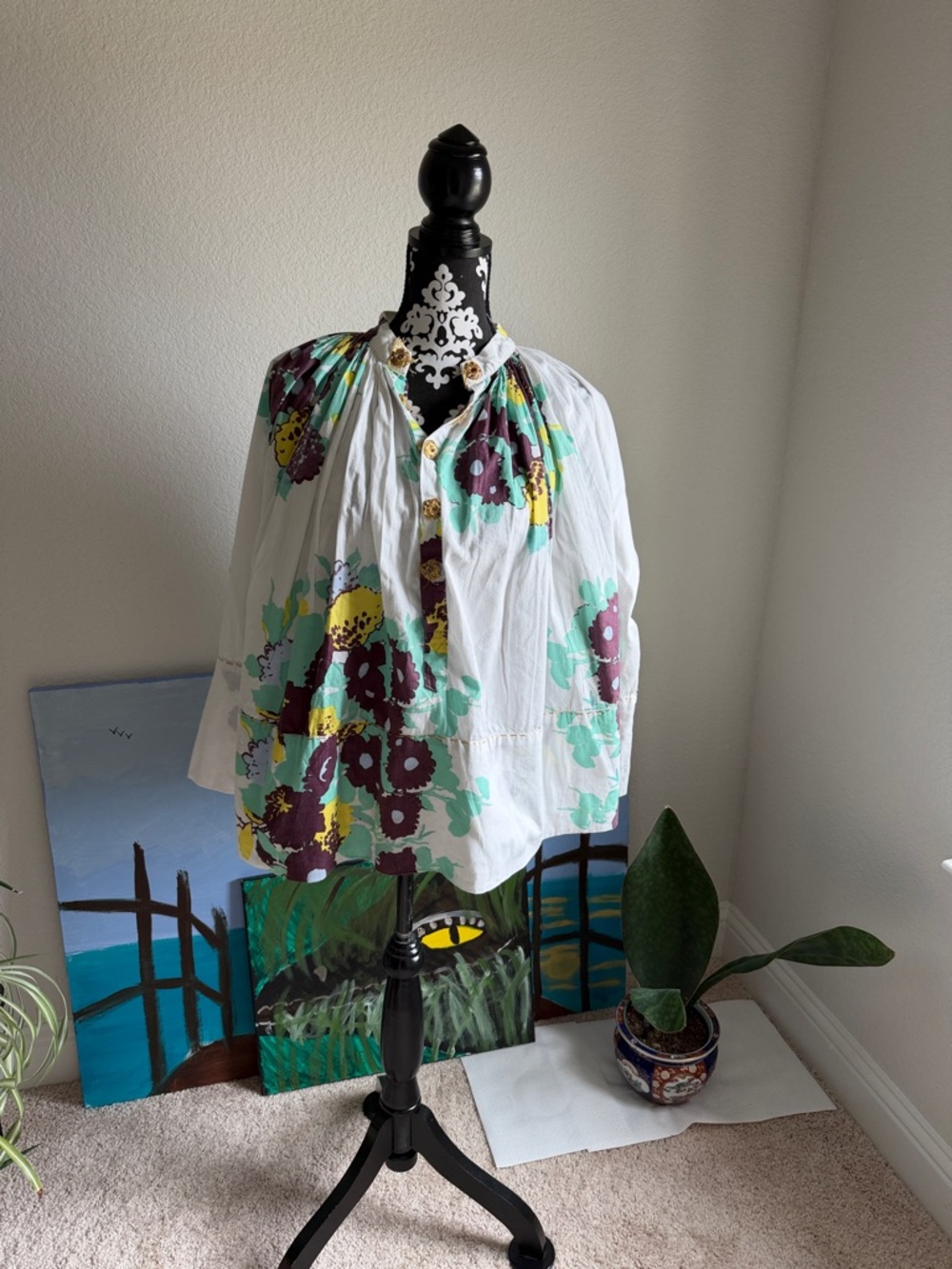 White Floral Button-Front Blouse with Mint and Plum Accents